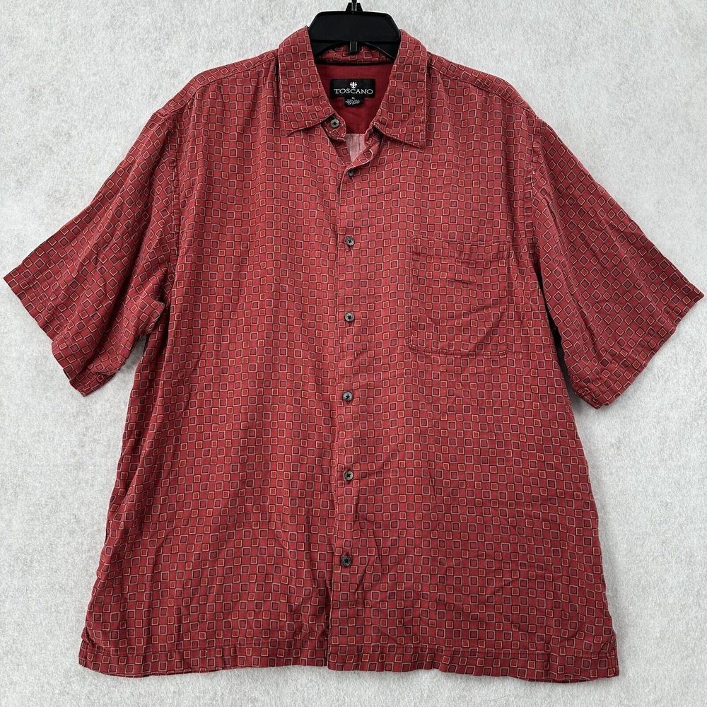 Toscano 100%‎ Silk Camp Shirt Mens XL Red Geometric Short Sleeve Button Up